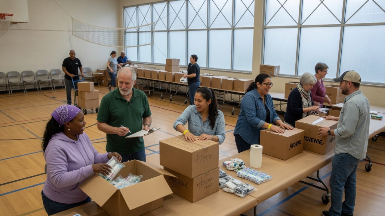 Volunteers organizing community supplies
